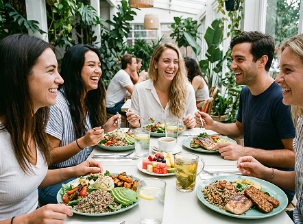 Friends enjoying a healthy, GLP-1 friendly lunch with fresh salads and grilled protein at a restaurant.