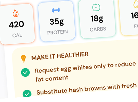 Mockup displaying nutritional macros and smart healthy food swaps.
