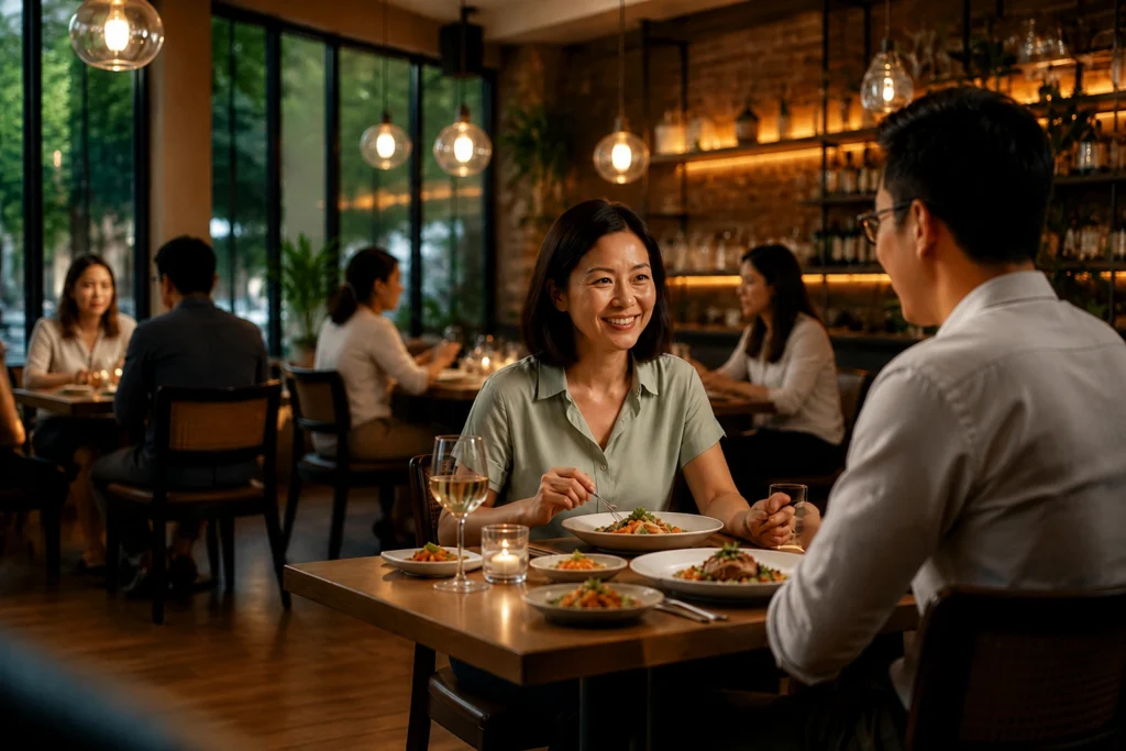 People dining at a restaurant while using MenuOrderAI to make healthier GLP-1-friendly meal choices.