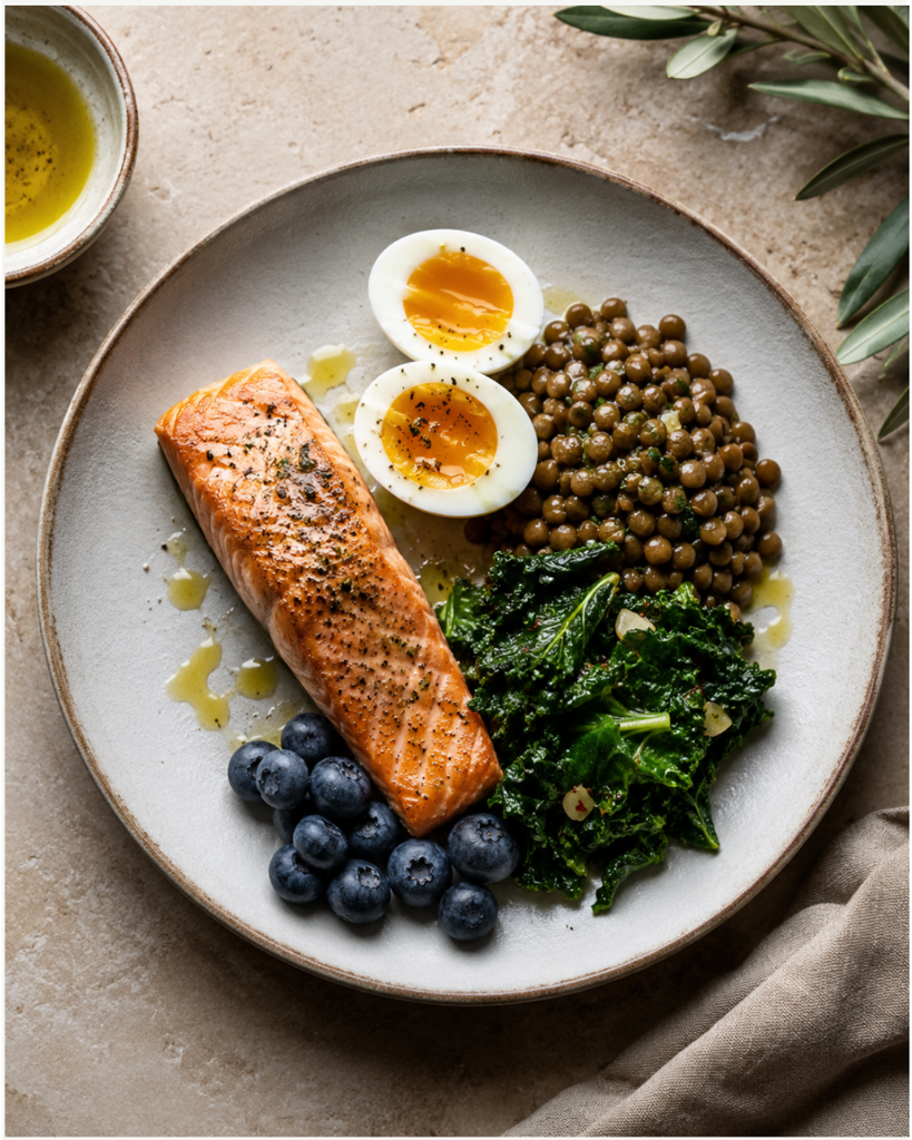 The GLP-1 plate in one image: quality protein, fermentable fiber, and heart-smart fats. On a medication
that shrinks appetite, what you eat matters more than ever — and every food here is doing a specific job.