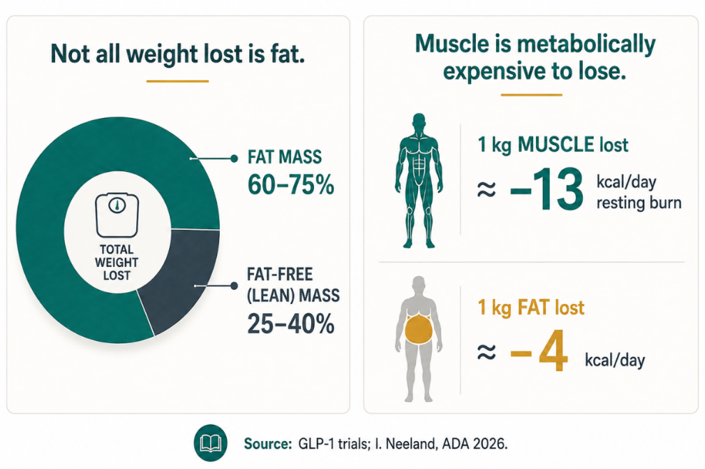 Roughly a quarter to two-fifths of the weight lost on a GLP-1 can be muscle and connective tissue, and
because muscle burns more energy at rest than fat, losing it quietly lowers your metabolic "pilot light."
This is the problem the plate and the barbell are built to solve.
