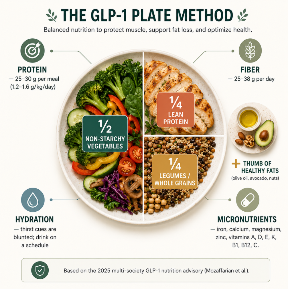 A build-your-plate cheat sheet for GLP-1 users, distilled from the 2025 multi-society advisory: half
vegetables, a quarter lean protein, a quarter legumes or whole grains, a thumb of healthy fat — with
protein, fiber, fluid, and micronutrient targets in the margins. Save it, screenshot it, stick it on the
fridge.