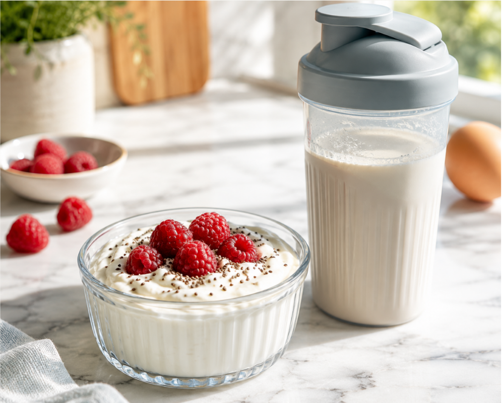 When a full plate won't go down — common in the first month — a sippable 20–30 g of protein from
Greek yogurt or a shake is the rescue play. Protein density, not volume, is the whole game.