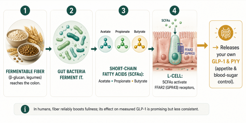 The elegant loop most people miss: the same GLP-1 the drugs imitate is one your gut makes. Feed your
microbes fermentable fiber, they produce short-chain fatty acids, and those signal your intestinal L-cells
to release more of your own GLP-1 and PYY — one more reason fiber is non-negotiable.