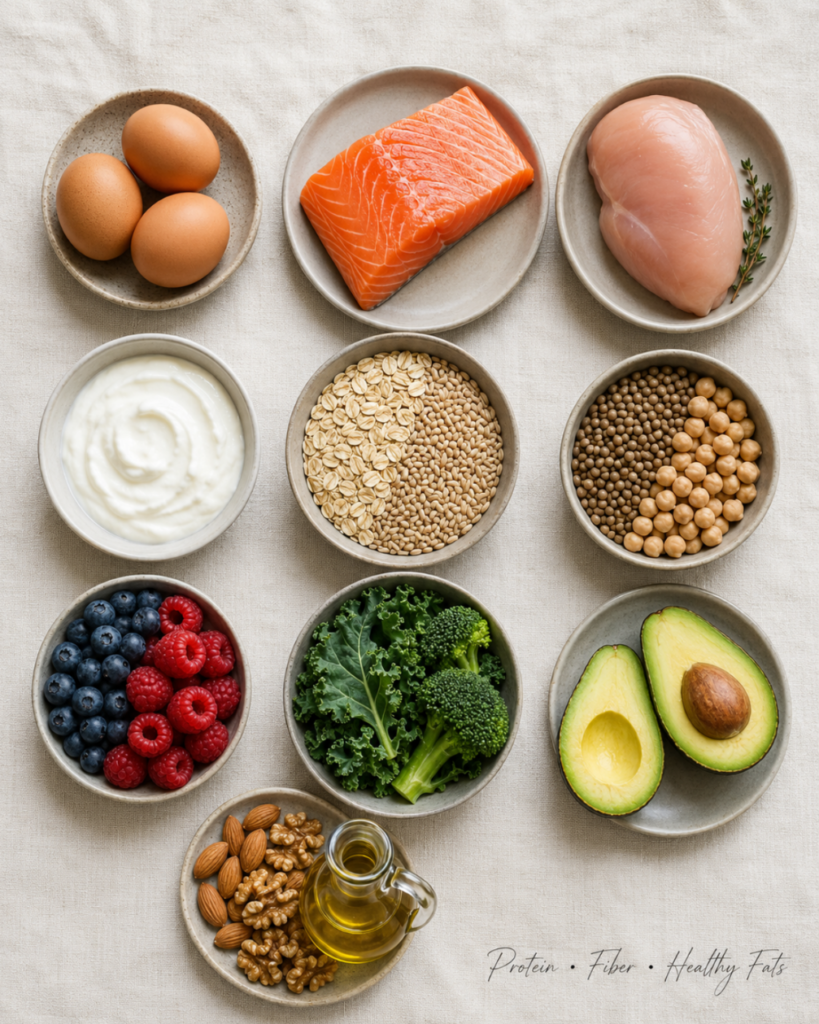 Ten foods, four jobs. Read left to right, and you're looking at muscle protection, gut and fiber support,
and cardioprotective fats — the entire GLP-1 operating system in a single grocery haul.