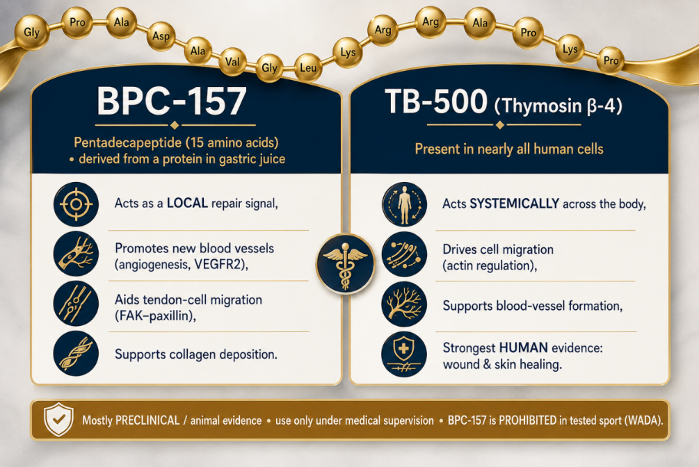 Two of the most studied recovery peptides, side by side: BPC-157 works locally to rebuild injured tissue,
while thymosin β-4 (TB-500) works body-wide to mobilize repair cells. The science is genuinely
promising — and, honestly, still mostly preclinical, which is exactly why it belongs in a clinician's hands,
not a forum's.
