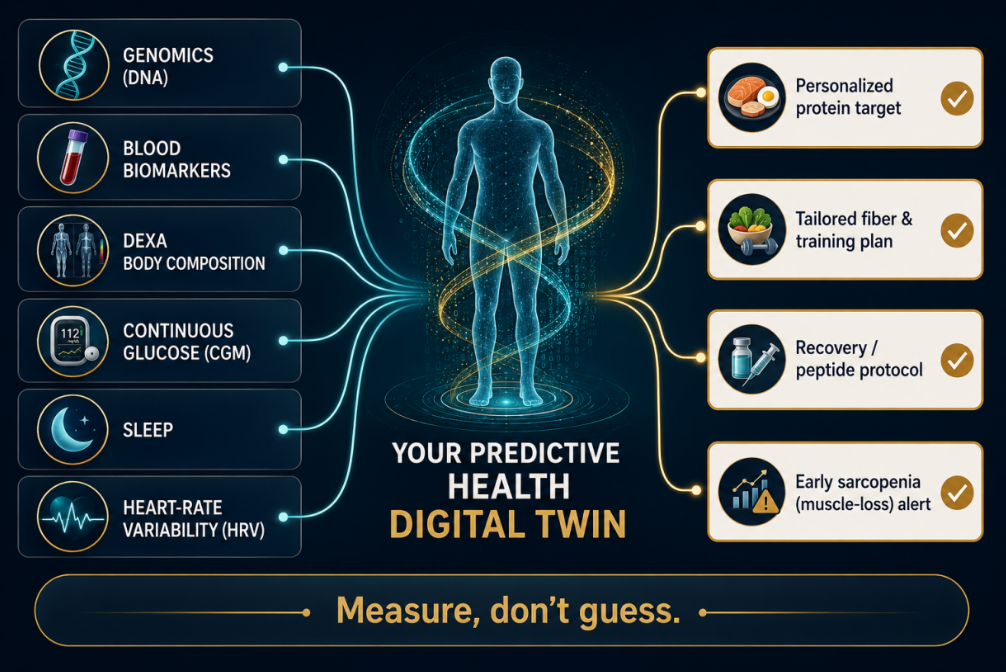 The frontier of longevity care in one picture: pull together your genetics, labs, body composition, and daily wearable signals, and a model that you can use to forecast how you'll respond to a protein target or a training block — and flag muscle loss before a scale ever could.