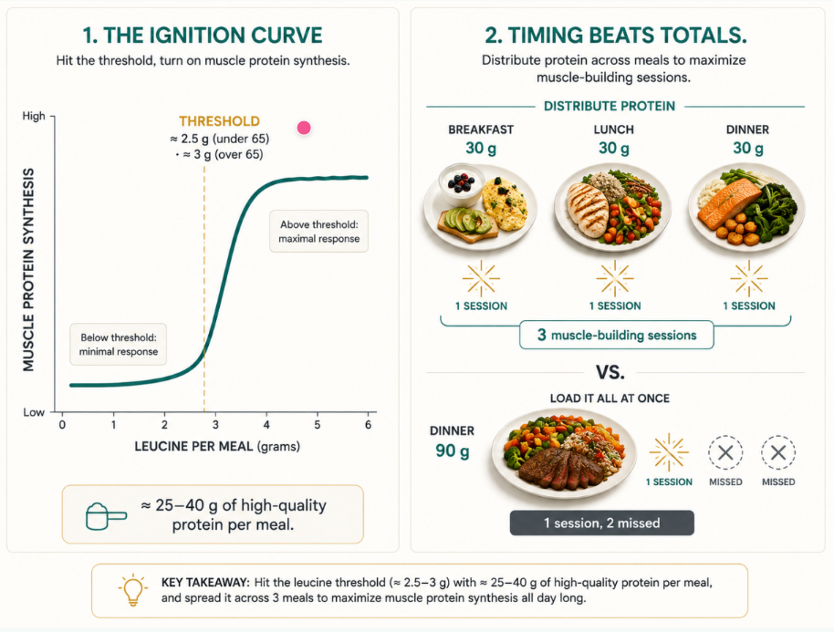 Muscle-building is an ignition, not a dimmer. Three meals that each clear the ~2.5–3 gram leucine threshold beat one giant dinner at the same daily total, which is why front-loading protein matters most on an appetite-suppressing medication.