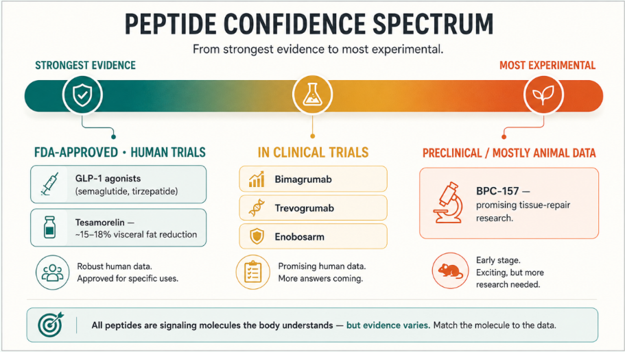 Peptides run a continuum from rigorously trialed (GLP-1 agonists, tesamorelin) to promising-but-preclinical (BPC-157). Knowing where each one sits — and neither overselling the early ones nor ignoring the proven ones — is exactly the expertise a good practitioner brings.