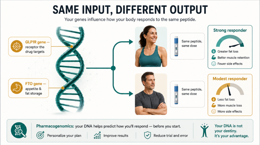 Same drug, same dose, different result. Variants in genes like GLP1R and FTO help explain why — and why the future of peptide therapy starts with reading the individual, not the average.