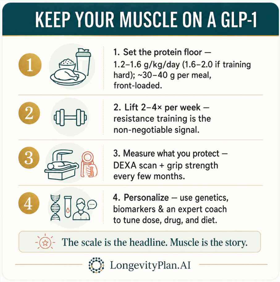 The whole strategy on one card: set the protein floor, lift, measure, and personalize.
Simple to say, transformative to do — and far easier with a coach and good data in your
corner.