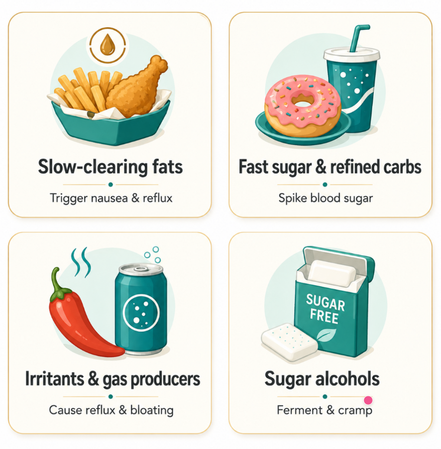 Not a scold — physics. On a slow-emptying stomach, these four categories are the usual culprits behind nausea, reflux, and bloating.