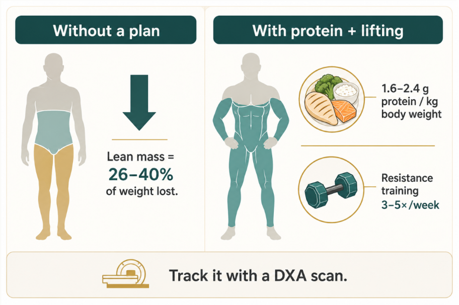 Muscle loss on a GLP-1 is largely optional. Anchor meals around protein, lift a few times a week, and verify with a body-composition scan — not the bathroom scale. It's exactly what Barkley meant by "working out and taking my shot."