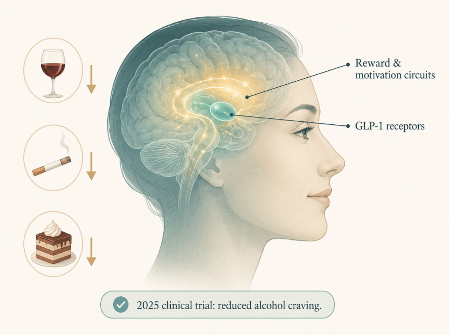 Beyond the gut: GLP-1 receptors sit in the brain's reward circuits, and early trials show semaglutide can quiet cravings for alcohol and cigarettes — a hint at how much these peptides still have to teach us.