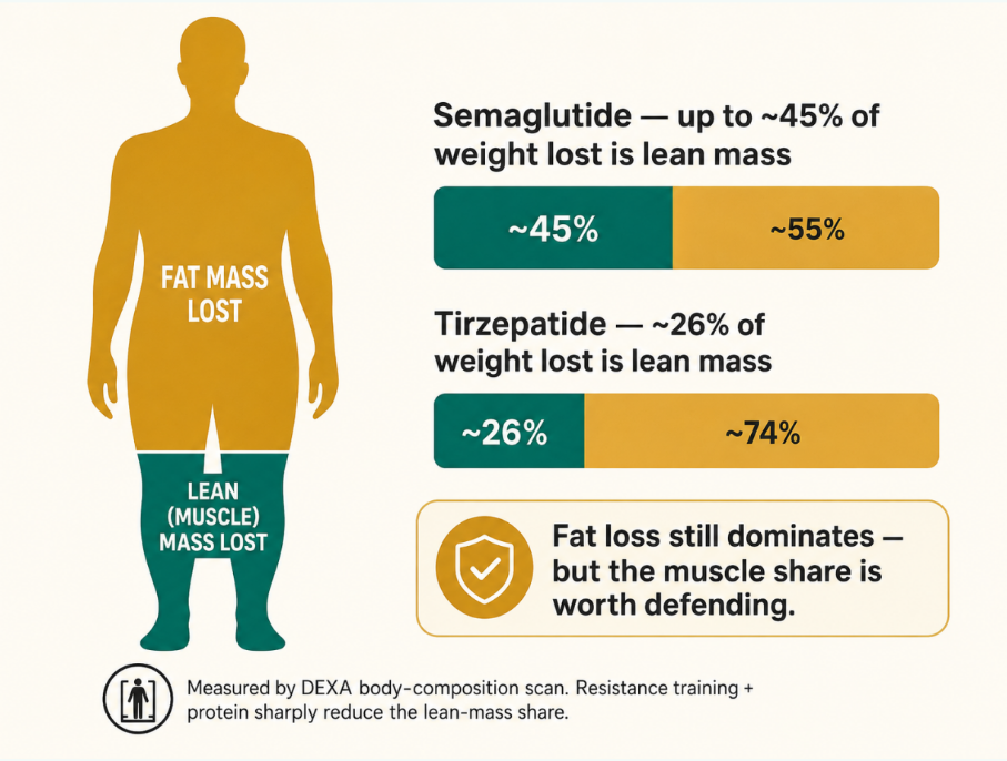 Not a scandal, but not a free lunch: across the major trials, roughly a quarter to two-fifths of the weight lost on these medications can come from lean tissue — the exact fraction you can shrink with protein and resistance training.